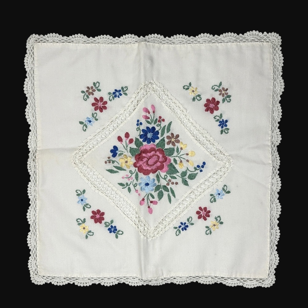 Vintage Hand Embroidered Floral Pillow Sham White Lace Trim Zipper Back 16x16